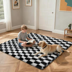 Checkered Rug for Bedroom, 3x7 Black and White Area Rugs, Classic Checkered Carpets Shaggy Area Rug, Bedside Rugs for Living Room Bedroom Kids Room Home Decor