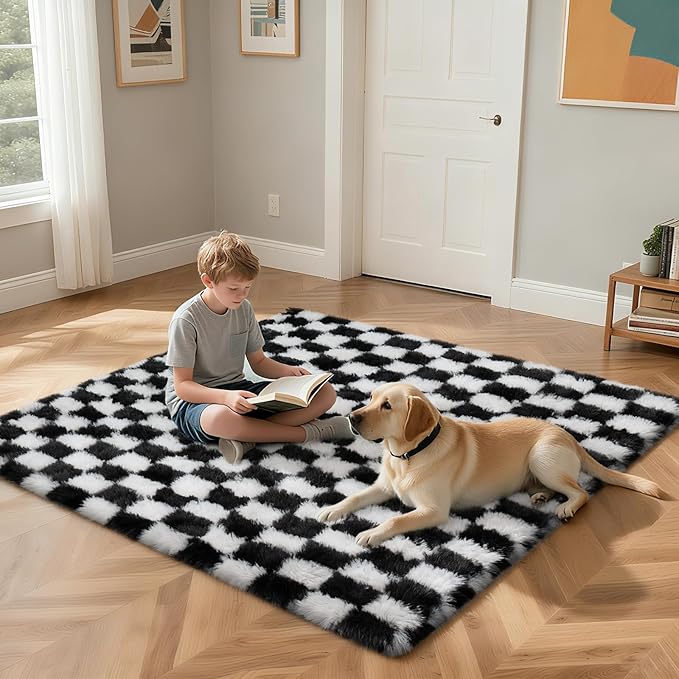 Checkered Rug for Bedroom, 2x4 Black and White Area Rugs, Classic Checkered Carpets Shaggy Area Rug, Bedside Rugs for Living Room Bedroom Kids Room Home Decor