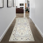 GLN Rugs Traditional Collection - Machine Washable Area Rug, Traditional Washable, Non Slip, Low Pile Chenille Rug, Living Room, Bedroom, Kitchen Rug (2'6" x 7' Cream/Gray)