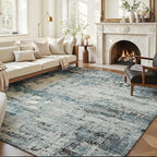 Area Rug 6x9 Washable Rug Blue for Living Room, Dining Room, Bedroom, Large Carpets, Non Slip & Non-Shedding Low Pile Vintage Print Rug for Home Office Decor