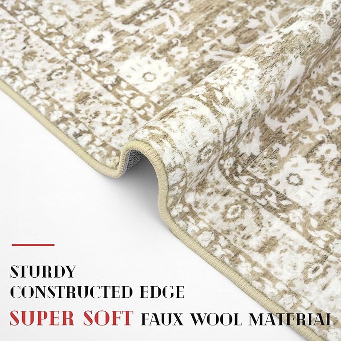 Vintage Floral 2x5 Runner Rug, Beige Tan White Washable Hallway Runner Rug Non-Slip Kitchen Rug Runner Super Soft Thin Printed Faux Wool Carpet for Entryway Bedroom Bedside Laundry Room Indoor