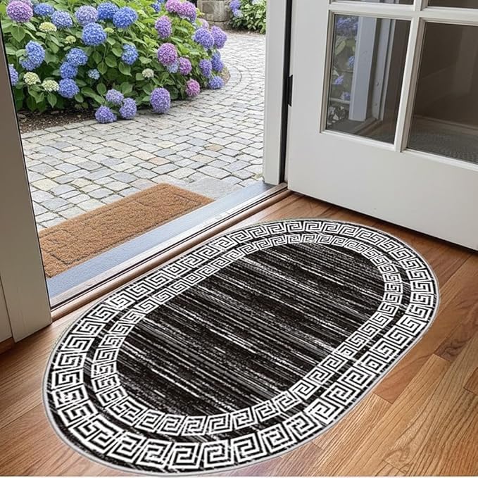 Minimalist Distressed Black Off White Greek Key Pattern Bordered Rug 5x8 for Liivng Room Bedroom Dining Room Soft Non Skid Washable Large Rugs Nursery Dorm Kitchen Rustic Classic Indoor Oval Carpet