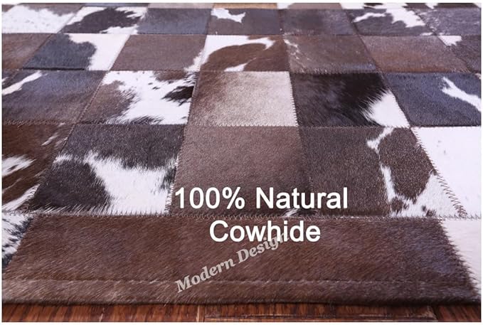 Modern Design Premium Cowhide Leather Carpet with Chevron Pattern, Area Rug (Brown/White-1, 3x10)