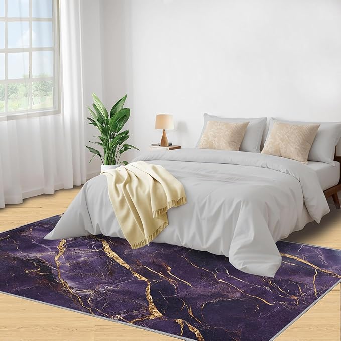 4x5 Abstract Marble Indoor Outdoor Rug - Purple-Marble Bedside Rug, Luxury Stone Pattern Washable Entry Way Rugs Kids Carpet for Inside House Playroom Living Room End Table Nursery