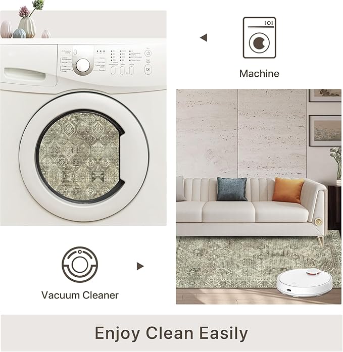 Bavni Area Rug 6x9 Machine Washable Vintage Distressed Print Ultra-Thin Chenille Bedroom Living Room Accent Rug, Low Pile Lightweight Non Slip with Gripper, Forgotten Sandstone