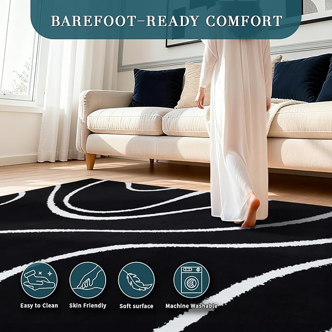 YIHOUSE Abstract Washable Rug 8x10,Ultra Thin Non Slip Black Rugs for Living Room,Modern Minimalist White Stripe Rugs for Bedroom,Dining Room Office Playroom (8'x10',Black-2)