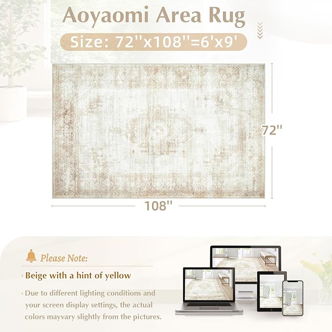 Vintage Living Room Area Rug - 6x9 Large Machine Washable Boho Moroccan Distressed Farmhouse Rugs for Bedroom - Soft Non-Slip Indoor Floor Accent Rugs for Office Dining Room (Beige, 6' x 9')