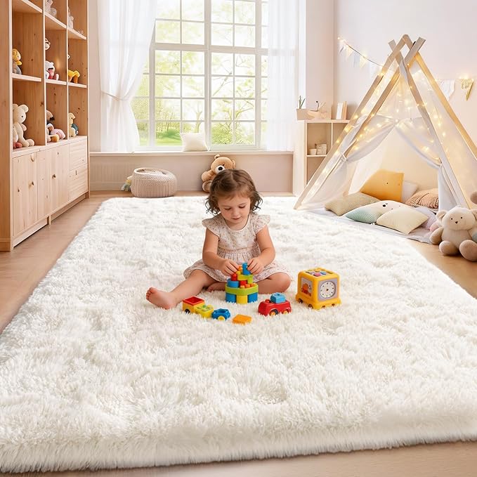 Cream White Plush Rug for Living Room Fuzzy Carpet for Bedroom Dorm, Non-Slip High Pile Rug, Shag Rug for Playroom Nursery Home Office Decor 6X9 Ft