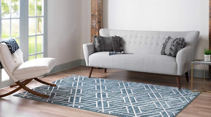 Rugs.com Lattice Trellis Collection Rug – 8' x 10' Blue Low-Pile Rug Perfect for Living Rooms, Large Dining Rooms, Open Floorplans