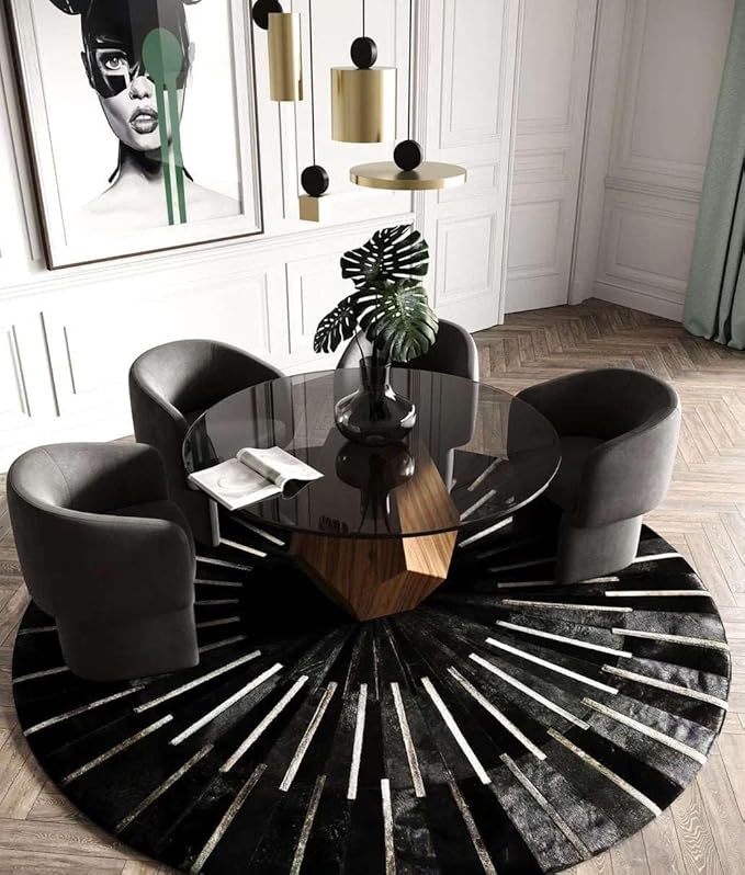 Sn Alef Home Round Designer Rug for Living Room | Handcrafted Black & White Boho Floor Carpet | Modern Ethnic Circular Mat for Home Décor & Meditation Space (Black_7x7)