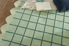Mint Green Scalloped Edge Wool Area Rug with Checker Grid Design, Hand-Tufted Soft Carpet for Living Room, Bedroom, Nursery, Kids & Playroom Décor - 9x12 Ft
