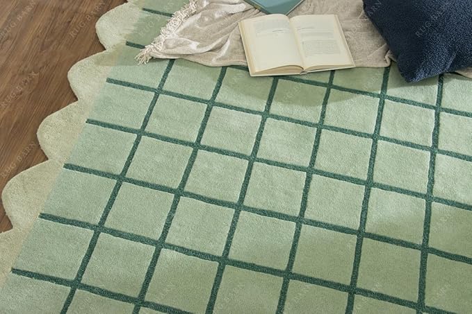 Mint Green Scalloped Edge Wool Area Rug with Checker Grid Design, Hand-Tufted Soft Carpet for Living Room, Bedroom, Nursery, Kids & Playroom Décor - 9x12 Ft