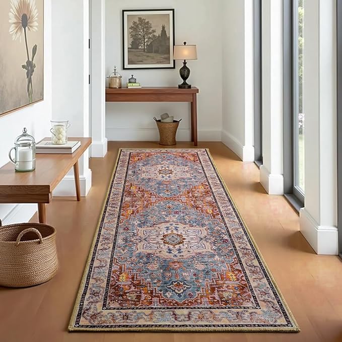 Runner Rug 2×6, Machine Washable Non-Slip Vintage Area Rug, Low Pile, Indoor Carpet Printed Floral Rugs for Living Room, Entryway, Kitchen, Bedroom, Rust Brown