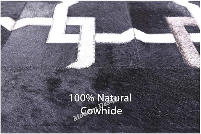 Modern Design Premium Cowhide Leather Carpet with Chevron Pattern, Area Rug (Black/Grey/White, 8x10)