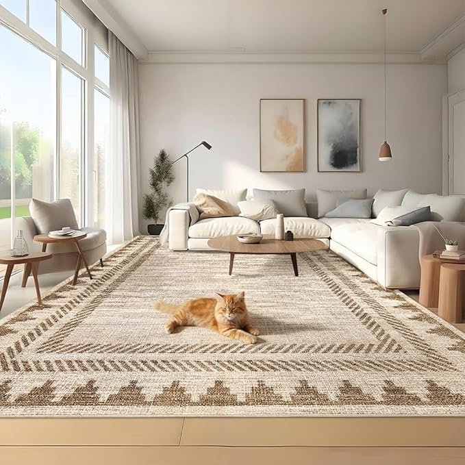 Geometric Bordered Washable 5x7 Area Rugs for Dining Room Bedroom Foldable Non Slip Soft Indoor Carpet Stain Resistant Modern Living Room Low Pile Rug with Rubber Back, Beige Brown