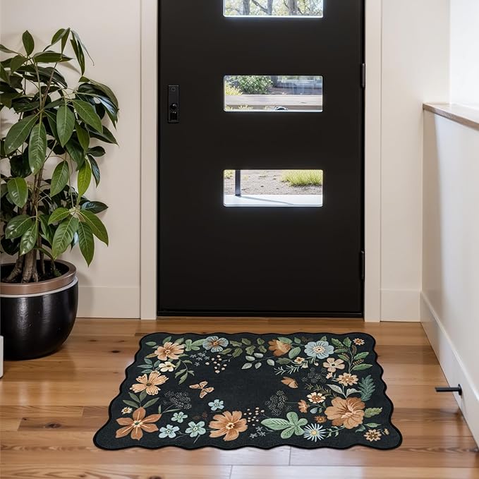 Lahome Floral Entryway Rug, 2X3 Washable Kitchen Rug Ultra-Thin, Non-Slip Soft Door Mat Indoor Entrance Stain Resistant Boho Small Low-Pile Throw Carpet for Bathroom Bedroom(2x3ft,Black/Grey)