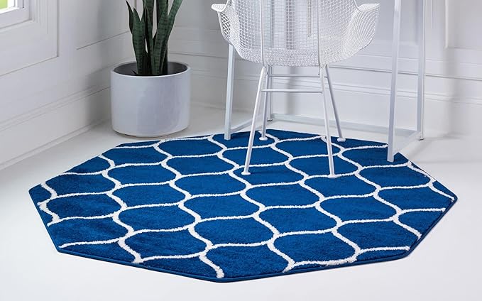 Rugs.com Lattice Frieze Collection Rug – 5' Octagon Navy Blue Medium Rug Perfect for Living Rooms, Kitchens, Entryways