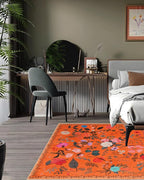 Boho Washable Area Rug 6x9 for Living Room, Bedroom, Office, Playroom, Kitchen or Dining Room, Soft Floral Carpet for Indoor Use, Easy Care Non-Slip Design (Orange)