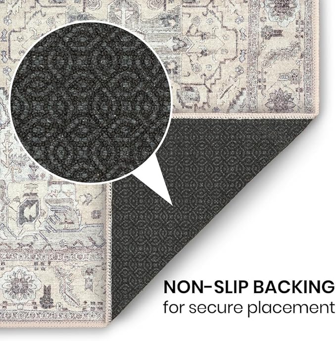 GLN Rugs Traditional Collection - Machine Washable Area Rug, Traditional Washable, Non Slip, Low Pile Chenille Rug, Living Room, Bedroom, Kitchen Rug (6' x 9' Cream/Gray)