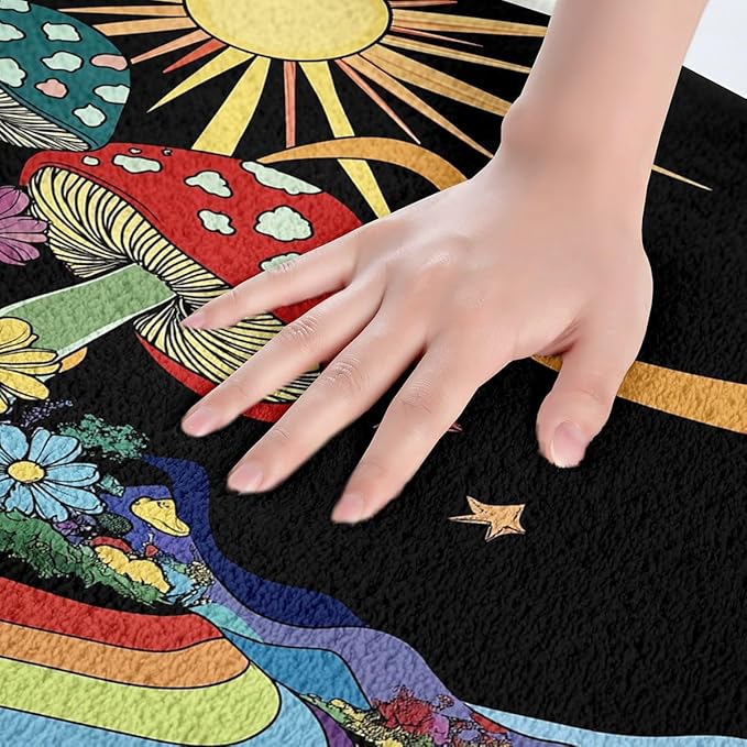 Erosebridal Trippy Mushroom Bathroom Rugs Groovy Floral Mats Rainbow Striped Ultra Soft Bathtub Rugs 20x32 Hippie Boho Eye Room Decor Starry Night Bath Mat 70s Theme Decor