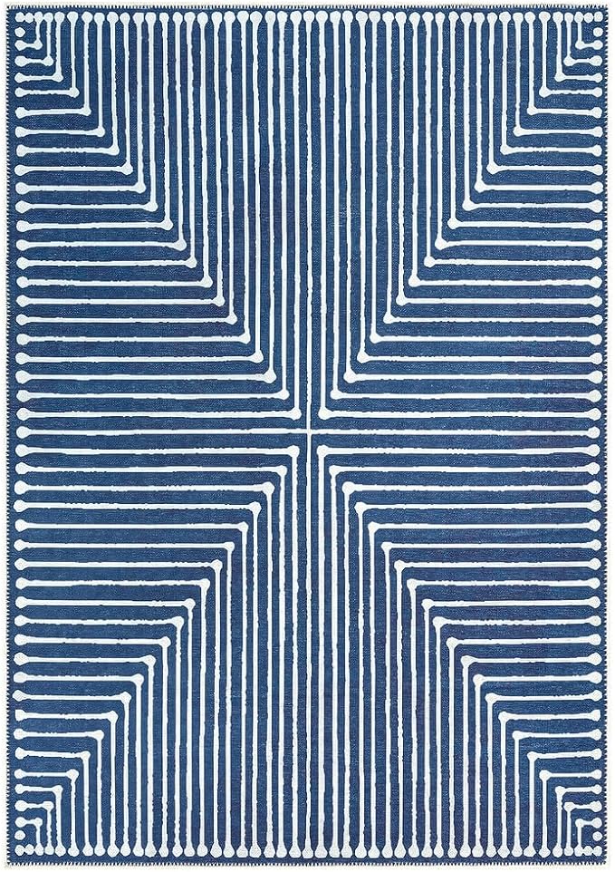 GLN Rugs Contemporary Collection - Machine Washable Area Rug, Contemporary Washable, Non Slip, Low Pile Chenille Rug, Living Room, Bedroom, Kitchen Rug (9' x 12' Lines Blue)
