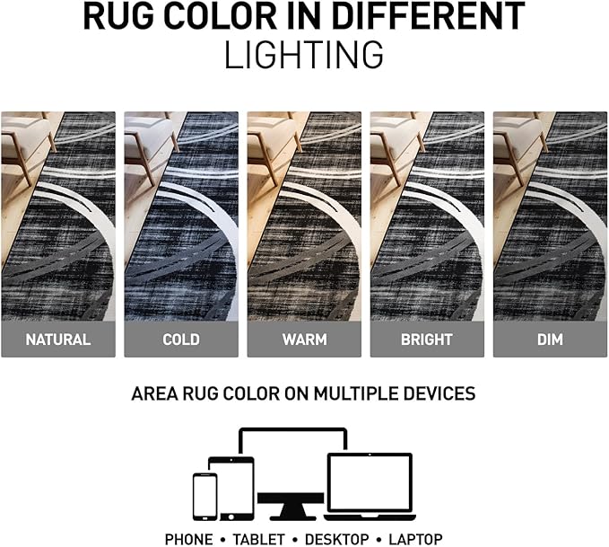 Rugshop Modern Wavy Circles Design Round Rug, Non-Shedding Carpet for Living Room, Dining Room, or Breakfast Nook, Black, 6'6" Round