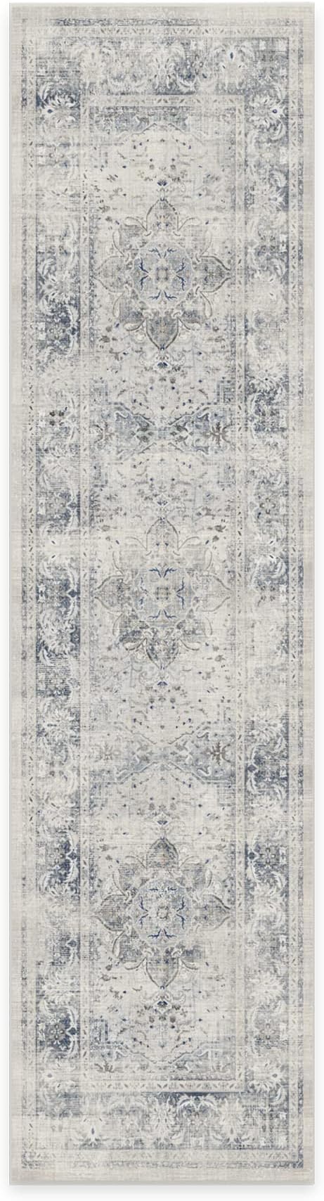 RUGGABLE Washable Vintage Runner Rug – Sarrah Blue Quartz 2.5x10, Stain-Resistant, Non-Slip Hallway Runner – Machine Washable Rug for Hallway, Entryway, Living Room & Kitchen–with Cushioned Pad