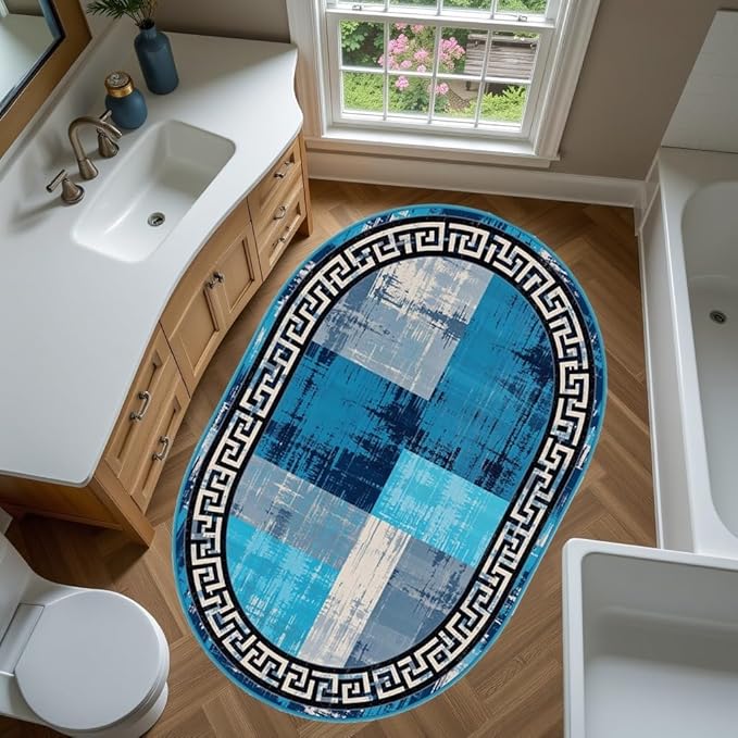 Blue Grey Black Greek Key Pattern Bordered Design Large Carpet for Living Room Bedroom Dining Room Soft Non Slip Low Pile Area Rug 7x9 Farmhouse Doormats Vintage Distressed Home Office Oval Rugs