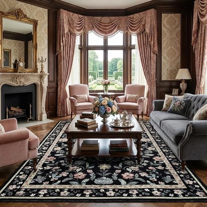 5x7 Washable Non-Slip Rug, Vintage Floral Area Rug for Living Room, Low Pile Farmhouse Distressed Carpet for Nursery Playroom Dorm Teens Office, Black