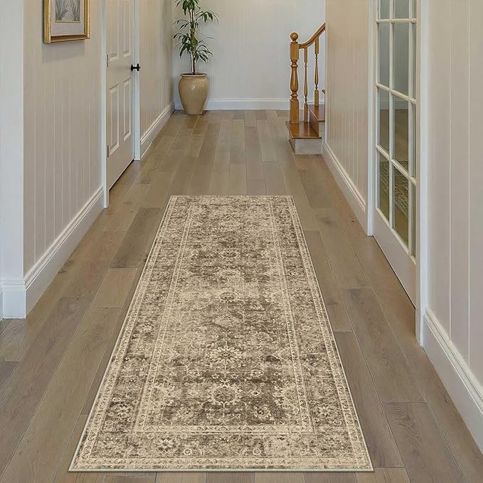 2x5 Washable Runner Rug for Kitchen Hallway Brown Vintage Non-Slip Low Pile Distressed Rustic Carpet Lightweight Vacuumable Soft Throw Rug for Indoor Entryway Bedroom