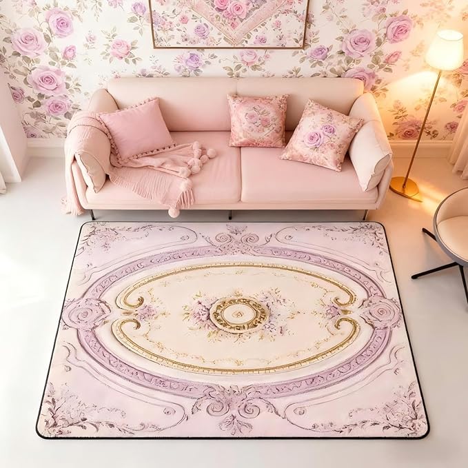 Light Pink Large Area Rug 5x7 Antique Decor Boho Floral Living Room Rug | Bohemian Flowers Rugs for Bedroom, Minimalist Damask Victorian Carpet Indoor Floor Mat