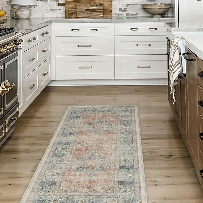 RUGGABLE Washable Vintage Runner Rug – Sarrah Coral 2.5x7, Stain-Resistant, Non-Slip Hallway Runner – Machine Washable Rug for Hallway, Entryway, Living Room & Kitchen–with Cushioned Pad