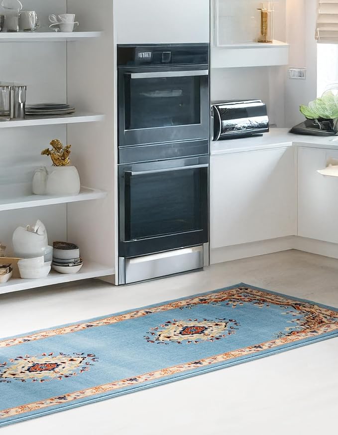 Unique Loom Reza Collection Traditional Persian Style Area Rug, Runner 3' 0" x 16' 5", Light Blue/Ivory