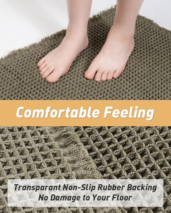 Upgraded Christmas Waffle Bath Mat, Super Absorbent Non Slip Bath Mats for Bathroom Floor, Machine Washable Bathroom Rugs with Tassels, Rubber Backed Bathroom Mats, Ultra Soft, 17" x 24", Dark Green
