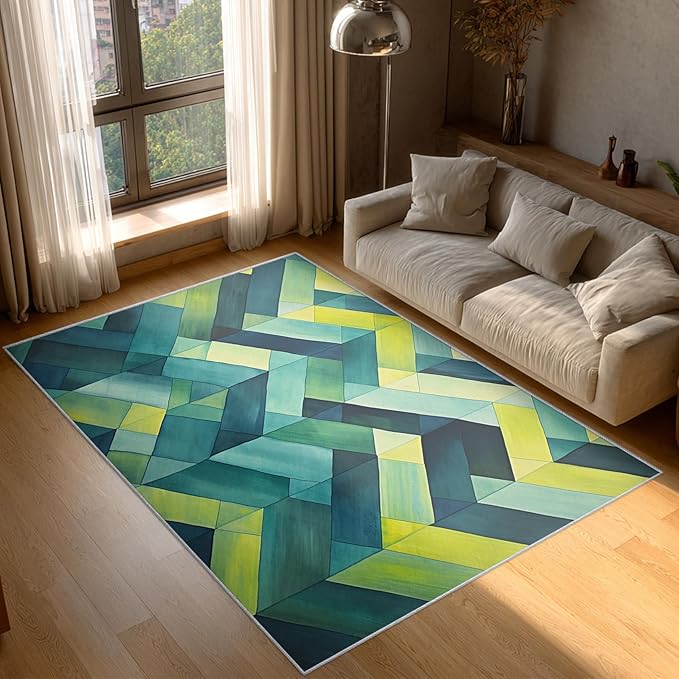 3x4 Geometric Zigzag Rugs for Bedroom Decor, Washable Green Chevron Pattern Area Rug, Living Room Home Decoration, Non Slip Soft Thin, Modern Abstract Geometry Decor Carpet PF-P 49
