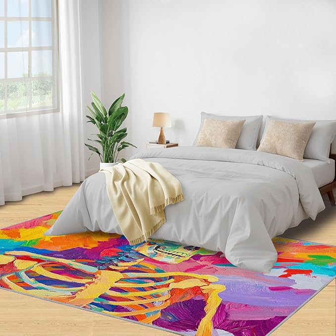 3x5 Abstract Graffiti Dorm Rug - Colorful Skeletons Small Rugs for Bedroom, Pop Art Area Rug Washable Non Slip for Bedroom Kitchen Living Room Entryway