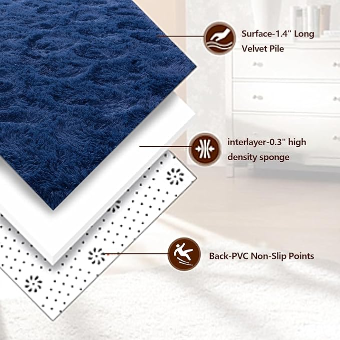 Shag Area Rugs for Living Room, Soft Fuzzy Plush Rugs, Upgrade Anti-Skid Modern Furry Rugs Fluffy Carpets for Kids Room Nursery Home Decor Dark Blue, 6X9 Feet