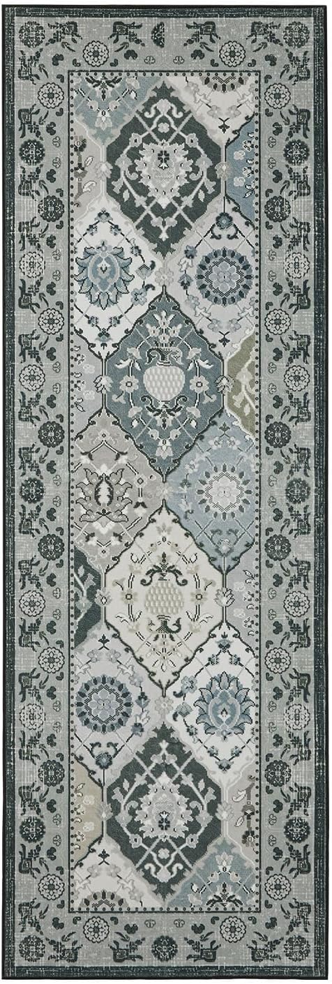 Phantoscope Washable Runner Rug 2'x6' Non-Slip, Vintage Boho Hallway Rugs for Entryway, Stair, Bedroom, Distressed Moroccan Mosaic Diamond Pattern, Low-Pile Foldable Floor Carpet, Grey Charcoal