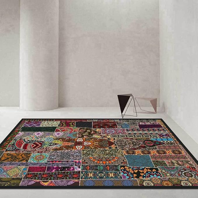 Vintage Boho Area Rugs Multicolor Ethnic Style Geometric Splicing Carpets Bedroom Living Room Kitchen Floor Mats Indoor Outdoor Non-Shedding Runner Rug Home Décor Carpet 3' X 9'