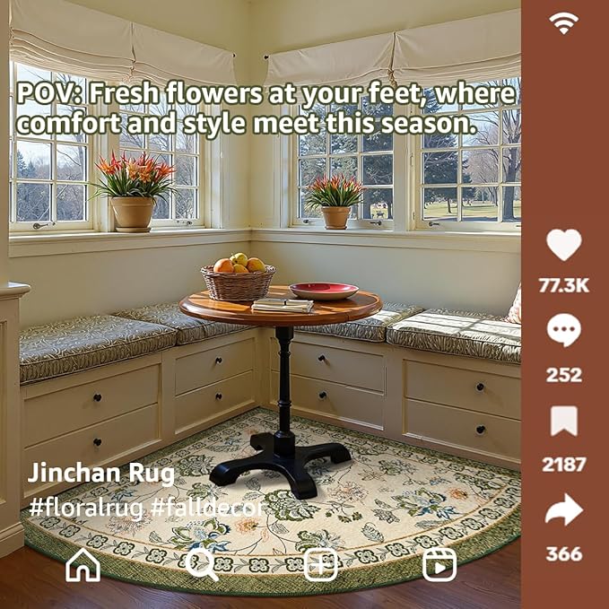 jinchan Elora Floral Corner Rug for Living Room Washable Bedroom Rug Vintage Romance Design Non Slip Quarter Circle Lightweight Low-Pile Throw Carpet for Reading Nook Playroom,6ft Radius, Green/Beige