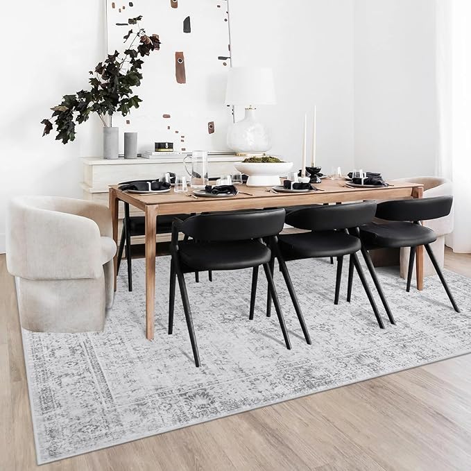 LIVEBOX Washable Area Rug 8x10 - Large Boho Living Room Rug Vintage Grey Rugs for Bedroom, Non-Slip Retro Floral Carpet Print Distressed Accent Rugs for Dining Room Home Office