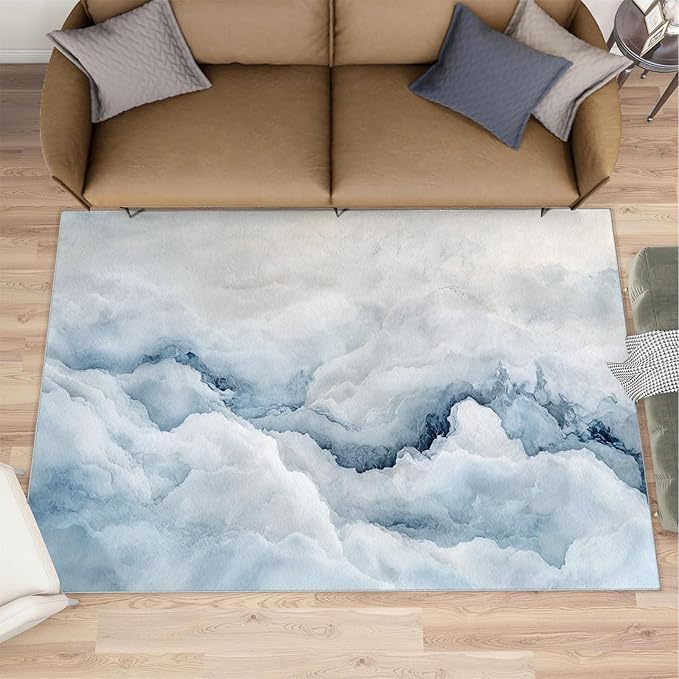 Modern Simple Art Rugs for Bedroom - 3x5 Area Rug - 3D Cloud Marble Rugs for Living Room, Abstract Mist Marble Rug, Washable Home Decor Carpet