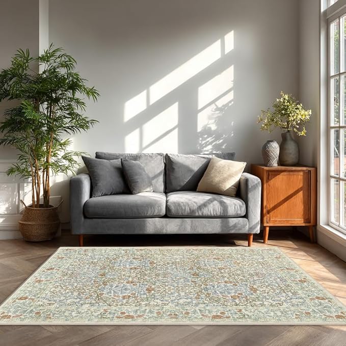 Vintage Beige Blue Living Room Rug, 5x7 Washable Area Rugs for Dining Room Under Table, Soft Low Pile Large Carpet Bedroom, Non-Slip Boho Floral (5 x 7 Beige Blue)
