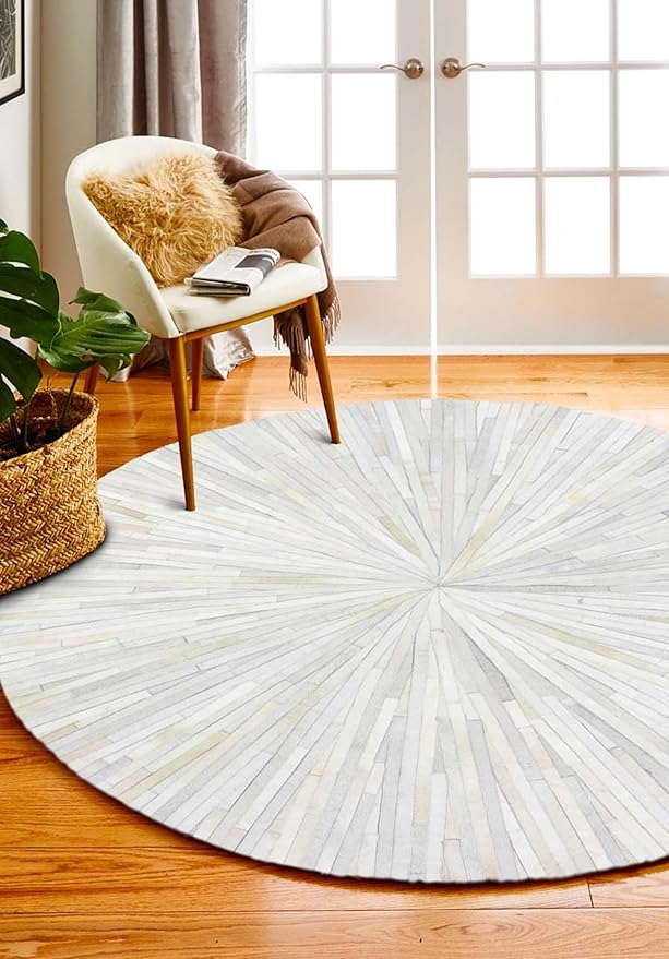 Faux Cowhide Round Area Rug | Non-Slip Leather Floor Carpet for Living Room, Bedroom, and Home Décor | Modern Stylish Accent Rug(White_4x4)