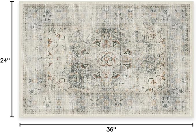 RUGGABLE Washable Vintage Area Rug – Sarrah Sage 2x3, Stain-Resistant, Non-Slip – Small Machine Washable Rugs for Living Room, Bedroom, Hallway, Entryway & Bathroom–with Cushioned Pad