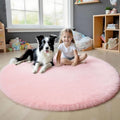 4x4 Round Solid Fluffy Pink Area Rug – Washable, Durable, Circle Bedroom Rug, Non-Slip High Pile Shag Rugs for Living Room, Bedside, Dorms, Grils Rooms, Kids Room, Soft Indoor Floor Carpet