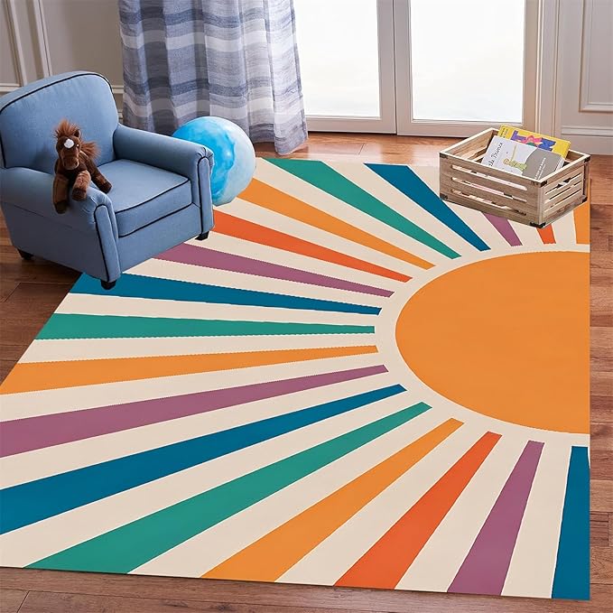 Rainbow Sun Area Rug,3x4ft,Colorful Boho Style Rug, Non-Slip Machine Washable Easy Care Carpet for Kids Girls Boys Bedroom, Living Room, Classroom, Office Decor