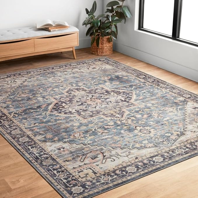 Loloi Hathaway Collection HTH-01 Navy/Multi 7'-6" x 9'-6", .25" Thick Area Rug, Soft, Durable, Printed, Modern, Low Pile, Non-Shedding, Easy Clean, Living Room Rug