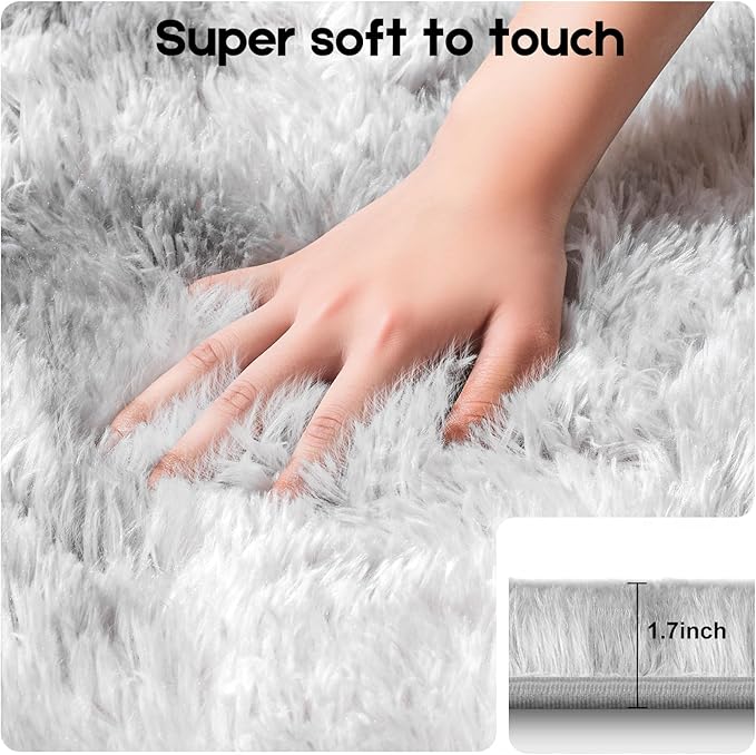 4x6 Tie-Dyed Grey Rugs for Bedroom Living Room, Fluffy Small Area Rug Soft Shag Carpet for Kids Boys and Girls Room with 4 Rugs Non-Slip Stickers Dorm Home Decor (4ft x 6ft)
