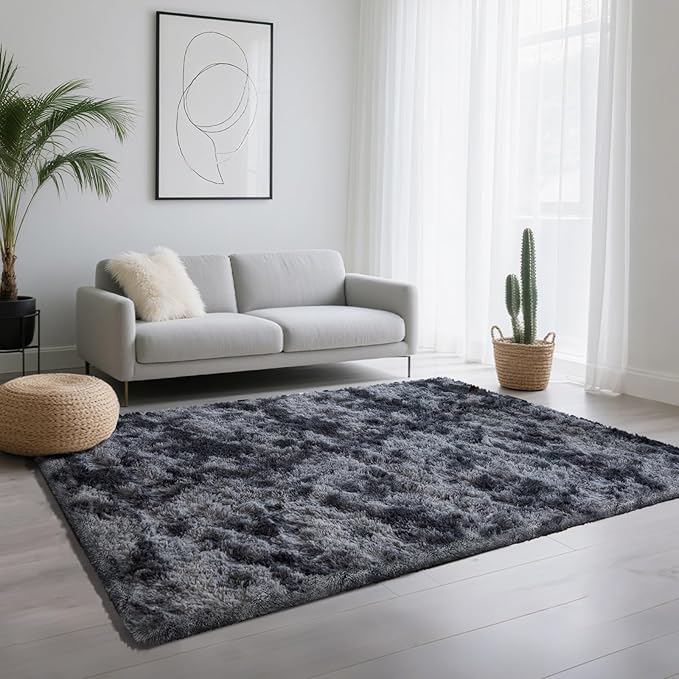 4x6 Area Rugs for Living Room Bedroom, Soft Fluffy Shaggy Bedside Rug, Indoor Floor Carpet for Kids Playroom, Dorms, Nursery Rooms, Home Decor (Tie-Dyed Dark Grey 4'x6')